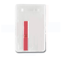 BRADY PEOPLE ID, VERTICAL CARD DISPENSER, HOLDS ONE 30 MIL CARDS, FROSTED PLASTIC WITH RED EXTRACTOR SLIDE ON BACK, 3 3/8